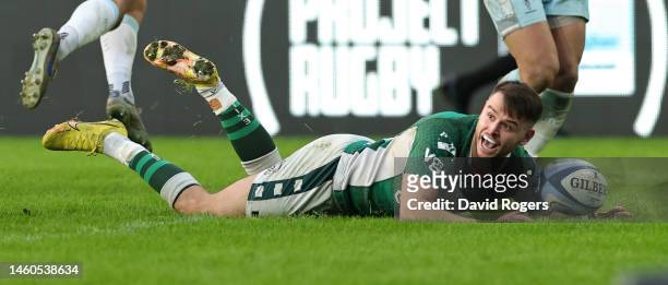 Michael Dykes of London Irish celebrates after scoring his third try during the Gallagher Premiership Rugby match between London Irish and Harlequins...