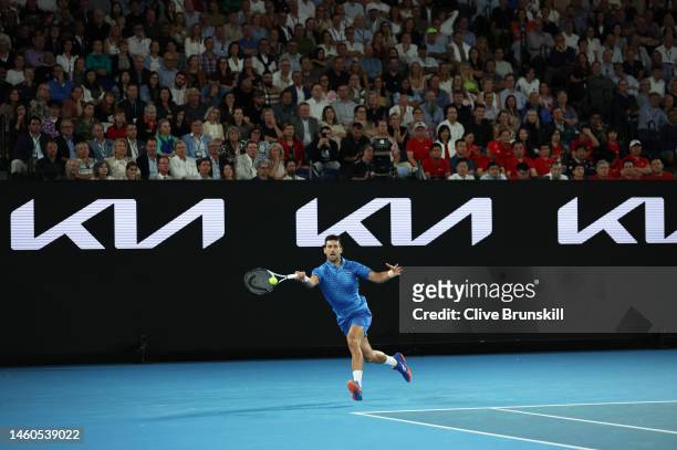 Novak Djokovic of Serbia plays a forehand in the Men's Singles Final match against Stefanos Tsitsipas of Greece during day 14 of the 2023 Australian...