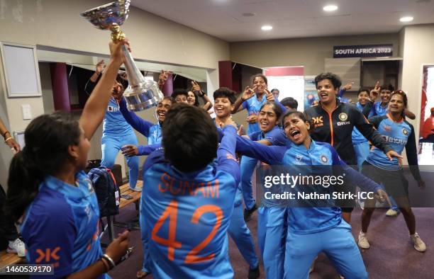 Players of India celebrates after winning the ICC Women's U19 T20 World Cup following during the ICC Women's U19 T20 World Cup 2023 Final match...