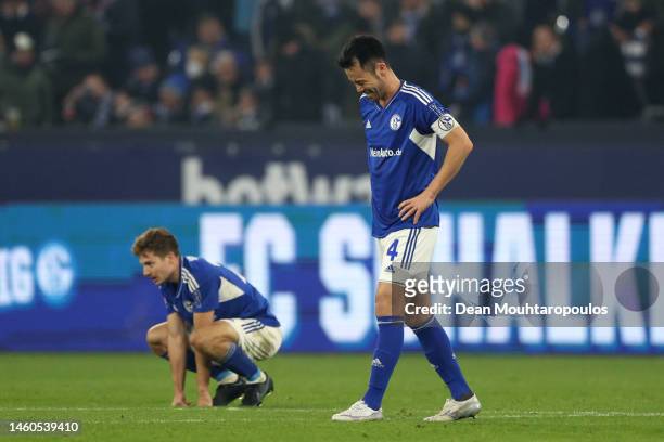 Maya Yoshida of FC Schalke 04 reacts after the draw during the Bundesliga match between FC Schalke 04 and 1. FC Köln at Veltins-Arena on January 29,...