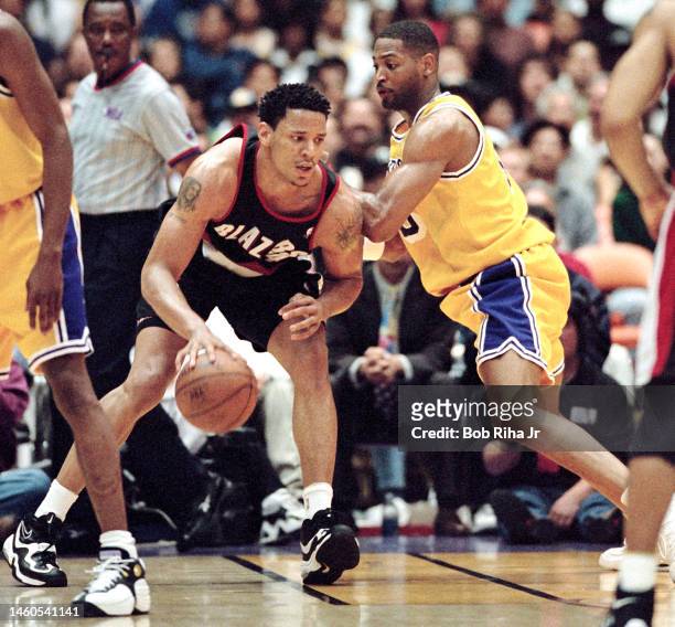 Trailblazers Damon Stoudamire during Game 2 action during the NBA Playoff game of Los Angeles Lakers against Portland Trailblazers, April 26, 1998 in...