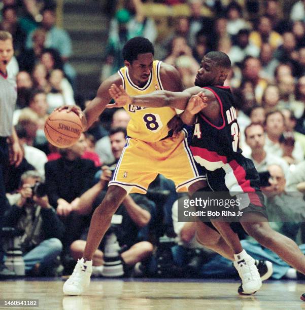 Lakers Kobe Bryant during Game 2 action during the NBA Playoff game of Los Angeles Lakers against Portland Trailblazers, April 26, 1998 in Inglewood,...