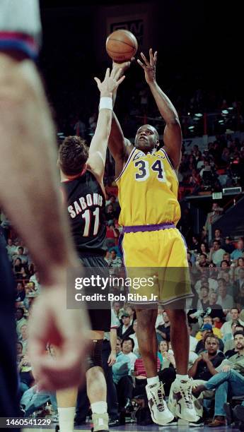 Lakers Shaquille O'Neal during Game 2 action during the NBA Playoff game of Los Angeles Lakers against Portland Trailblazers, April 26, 1998 in...