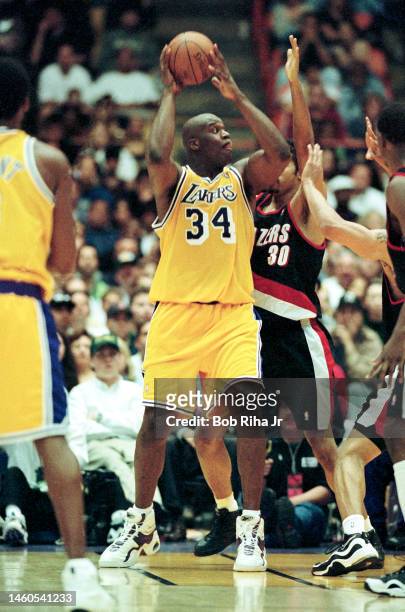 Lakers Shaquille O'Neal battles Trailblazers Rasheed Wallace during Game 2 action during the NBA Playoff game of Los Angeles Lakers against Portland...