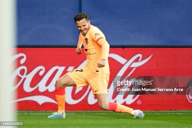 Saul Niguez of Atletico Madrid celebrates after scoring the team's first goal during the LaLiga Santander match between CA Osasuna and Atletico de...