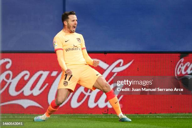 Saul Niguez of Atletico Madrid celebrates after scoring the team's first goal during the LaLiga Santander match between CA Osasuna and Atletico de...