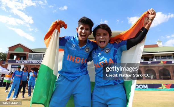 Soumya Tiwari and Hrishita Basu of India celebrates after winning the ICC Women's U19 T20 World Cup 2023 Final match between India and England at JB...