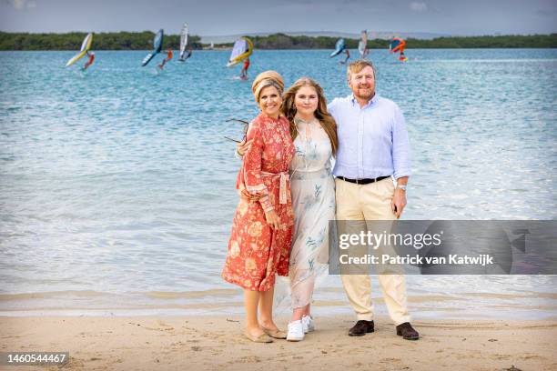 King Willem-Alexander of The Netherlands, Queen Maxima of The Netherlands and Princess Amalia of The Netherlands pose at the Sorobon beach at the...