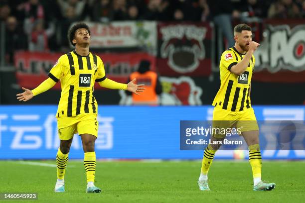 Karim Adeyemi of Borussia Dortmund celebrates after scoring the team's first goal during the Bundesliga match between Bayer 04 Leverkusen and...