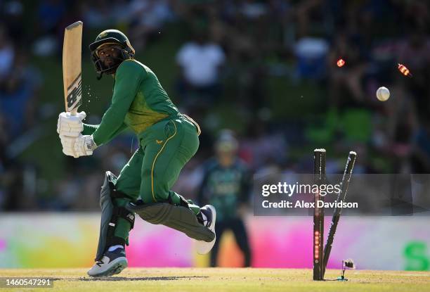 Temba Bavuma of South Africa is bowled by Sam Curran of England during the 2nd One Day International match between South Africa and England at...