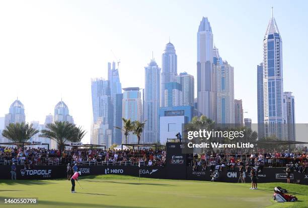 Rory McIlroy of Northern Ireland putts on the 16th green during the Third Round on Day Four of the Hero Dubai Desert Classic at Emirates Golf Club on...