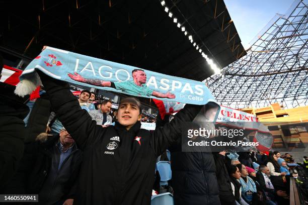Fan of RC Celta, raising a scarf in support of Iago Aspas of RC Celta, looks on prior to the LaLiga Santander match between RC Celta and Athletic...
