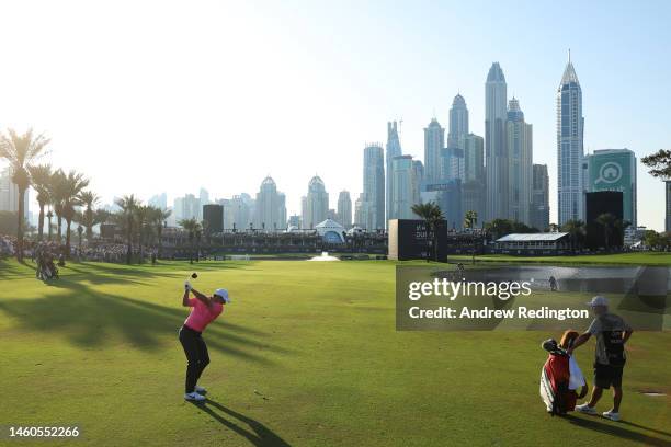 Rory McIlroy of Northern Ireland plays their second shot on the 18th hole during the Third Round on Day Four of the Hero Dubai Desert Classic at...