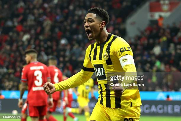 Jude Bellingham of Borussia Dortmund celebrates after an own goal by Edmond Tapsoba of Bayer 04 Leverkusen, Borussia Dortmund's second goal during...