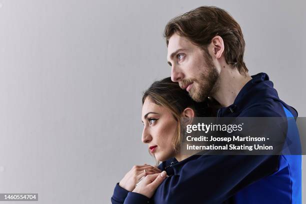 Sara Conti and Niccolo Macii of Italy pose for a portrait photograph during the ISU European Figure Skating Championships at Espoo Metro Areena on...