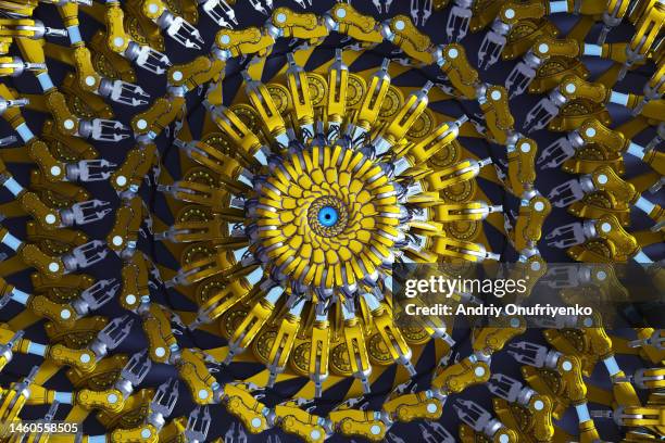 robotic arms circular pattern - robot evolution concept stock pictures, royalty-free photos & images