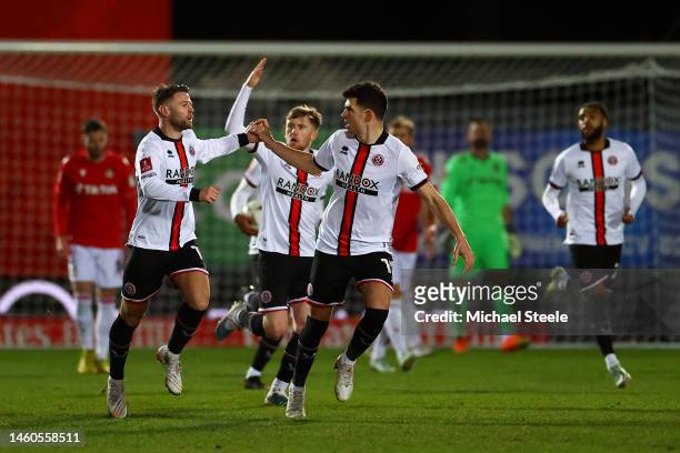 Oliver Norwood of Sheffield United celebrates after scoring the team's second goal during the Emirates FA Cup Fourth Round match between Wrexham and...