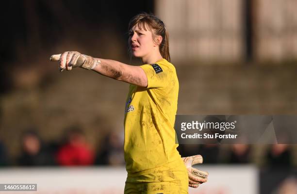 Sunderland goalkeeper Claudia Moan reacts during the Vitality Women's FA Cup Fourth Round match between Sunderland and Manchester United at Eppleton...