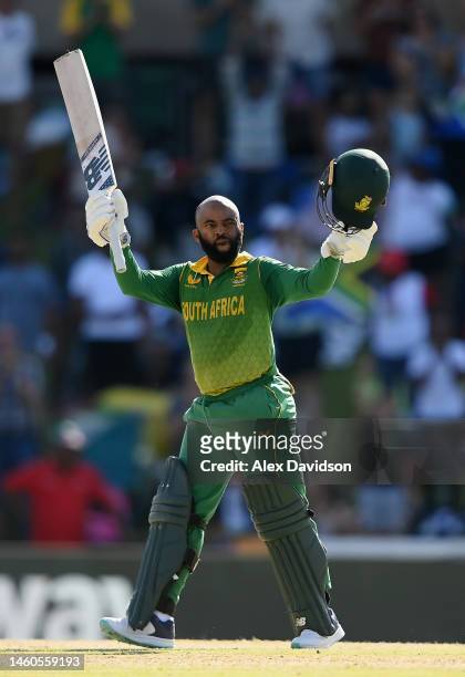 Temba Bavuma of South Africa celebrates reaching his century during the 2nd One Day International match between South Africa and England at Mangaung...