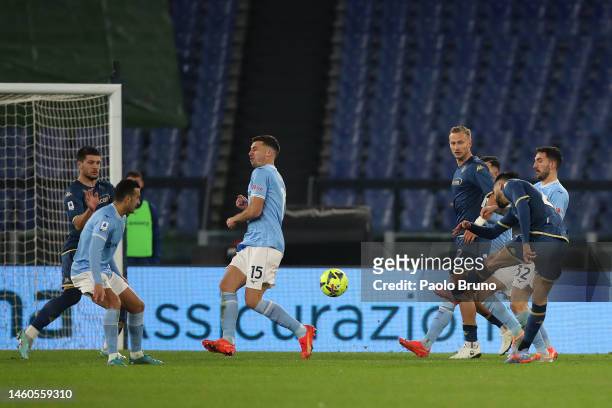 Nicolas Gonzalez of ACF Fiorentina scores the team's first goal during the Serie A match between SS Lazio and ACF Fiorentina at Stadio Olimpico on...