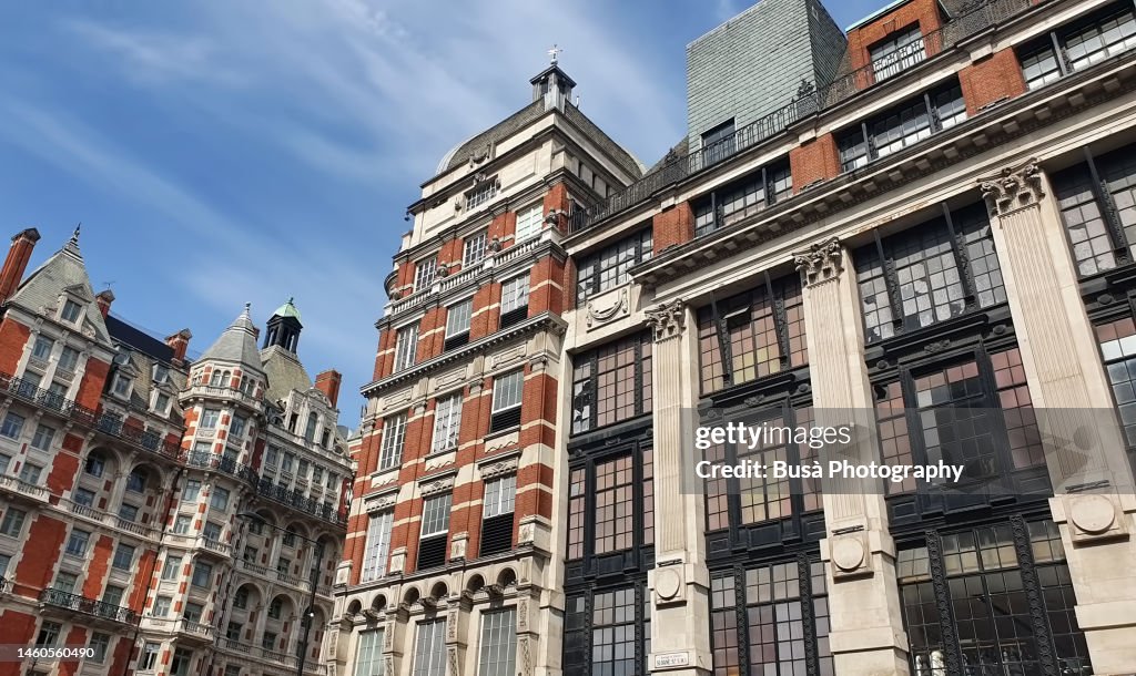 Elegant red-brick historic Victorian residential and commercial buildings in Knightsbridge, London