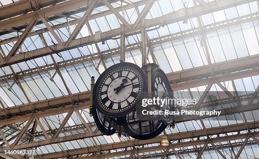 Beautiful ancient four-faced clock inside Waterloo Station in London, England Beautiful ancient four-faced clock inside Waterloo Station in London, England