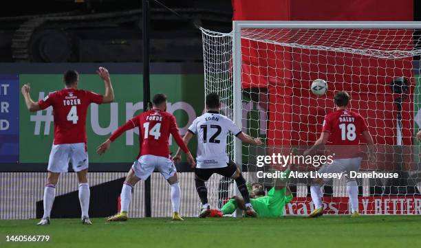 John Egan of Sheffield United scores a late equaliser during the Emirates FA Cup Fourth Round match between Wrexham and Sheffield United at...