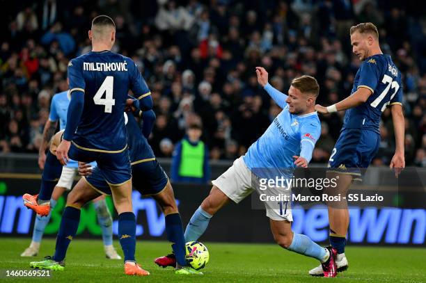Ciro Immobile of SS Lazio compete for the ball with Antonin Barak of ACF Fiorentina during the Serie A match between SS Lazio and ACF Fiorentina at...
