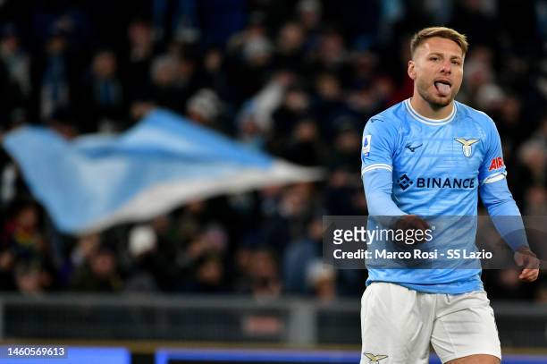 Ciro Immobile of SS Lazio reacts during the Serie A match between SS Lazio and ACF Fiorentina at Stadio Olimpico on January 29, 2023 in Rome, Italy.