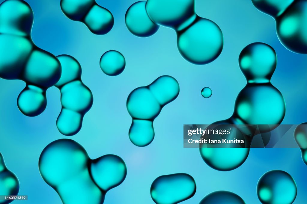 Blue molecules. 3D bubbles pattern. Beauty background. Cosmetic products for makeup and skin care. Cosmetology.