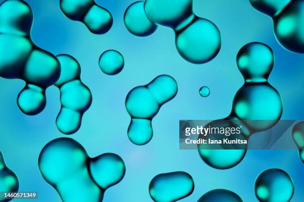 blue molecules. 3d bubbles pattern. beauty background. cosmetic products for makeup and skin care. cosmetology. - wasserstoff stock-fotos und bilder