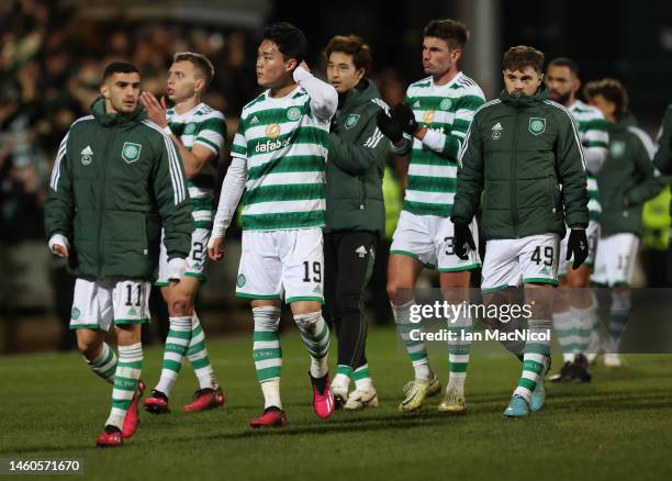 Hyeongyu Oh of Celtic is seen at full time after making his debut during the Cinch Scottish Premiership match between Dundee United and Celtic FC at...