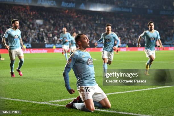 Iago Aspas of RC Celta celebrates after scoring the team's first goal during the LaLiga Santander match between RC Celta and Athletic Club at Estadio...