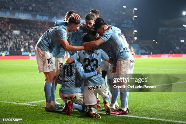 Iago Aspas of RC Celta celebrates with teammates after scoring the team's first goal during the LaLiga Santander match between RC Celta and Athletic...