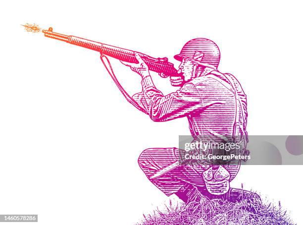 wwii soldier shooting m1 grand rifle - m1 garand stock illustrations