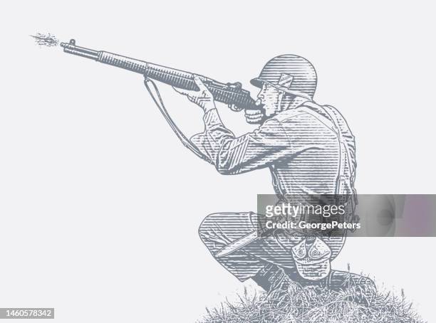 wwii soldier shooting m1 grand rifle - m1 garand stock illustrations