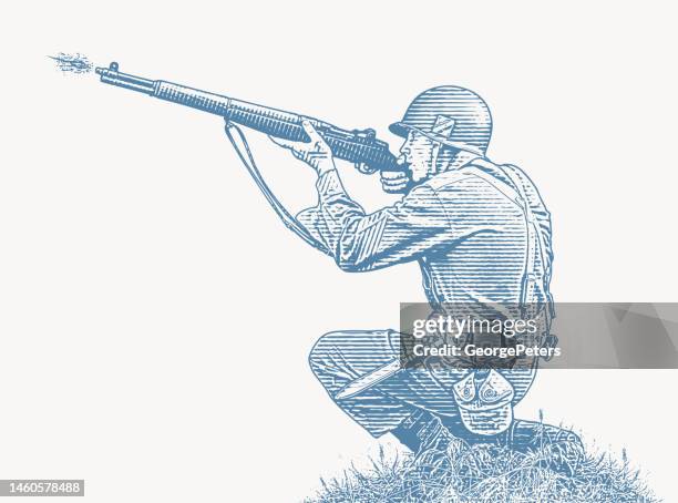 stockillustraties, clipart, cartoons en iconen met wwii soldier shooting m1 grand rifle - paratrooper