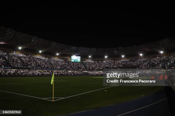 Napoli supporters turn their cellphone lights on before the Serie A match between SSC Napoli and AS Roma at Stadio Diego Armando Maradona on January...