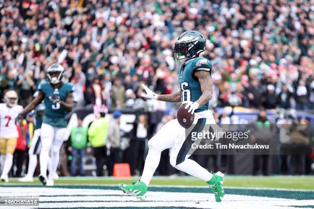 Miles Sanders of the Philadelphia Eagles scores a 6 yard touchdown against the San Francisco 49ers during the first quarter in the NFC Championship...