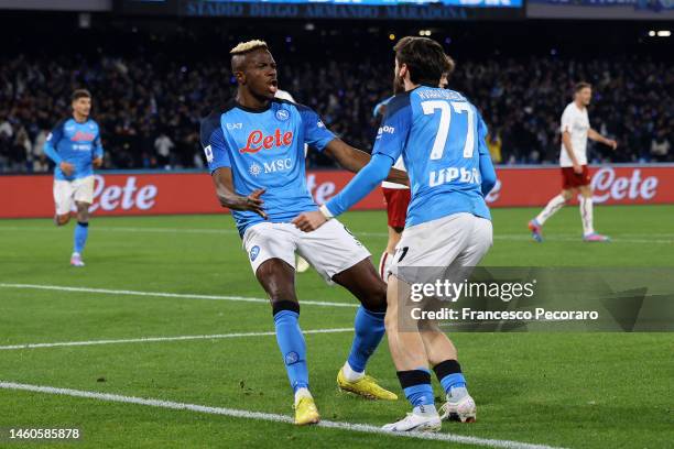 Victor Osimhen of SSC Napoli celebrates after scoring the 1-0 goal during the Serie A match between SSC Napoli and AS Roma at Stadio Diego Armando...