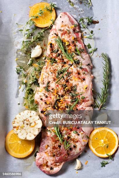 marinated meat on oven tray - marinated stock pictures, royalty-free photos & images