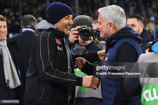 Luciano Spalletti SSC Napoli coach greets Jose Mourinho AS Roma coach before the Serie A match between SSC Napoli and AS Roma at Stadio Diego Armando...