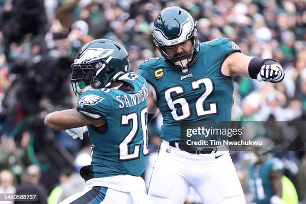 Miles Sanders of the Philadelphia Eagles celebrates with Jason Kelce after scoring a 6 yard touchdown against the San Francisco 49ers during the...
