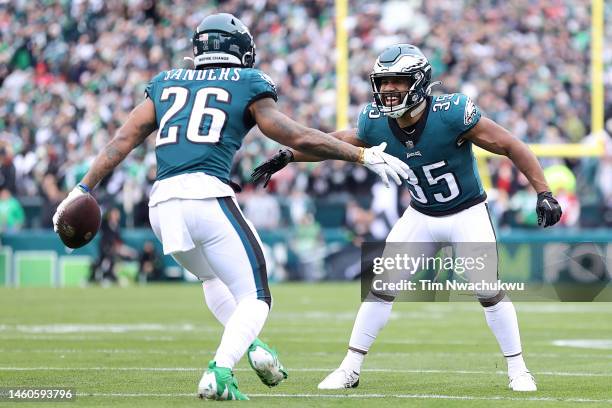 Miles Sanders of the Philadelphia Eagles celebrates with Boston Scott after scoring a 6 yard touchdown against the San Francisco 49ers during the...