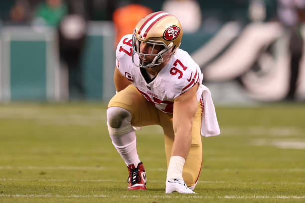 Nick Bosa of the San Francisco lines up against the Philadelphia Eagles during the first quarter in the NFC Championship Game at Lincoln Financial...
