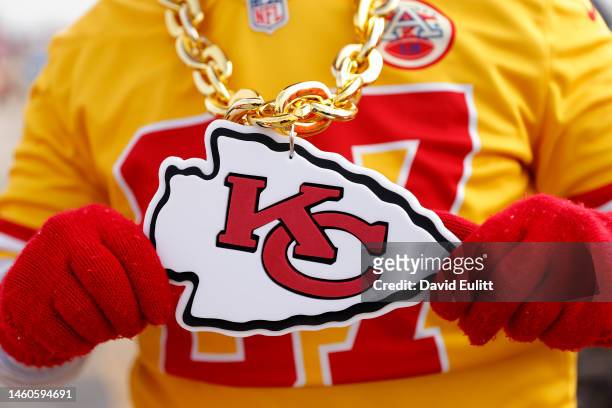 Detailed view of the Kansas City Chiefs logo on a fan prior to the AFC Championship Game against the Cincinnati Bengals at GEHA Field at Arrowhead...