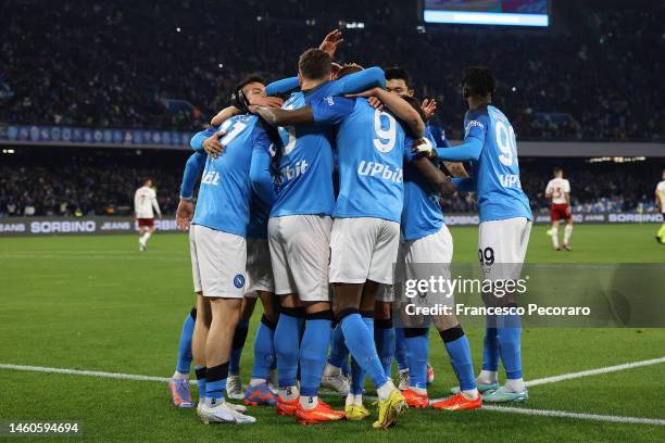 Victor Osimhen of SSC Napoli celebrates after scoring the 1-0 goal during the Serie A match between SSC Napoli and AS Roma at Stadio Diego Armando...