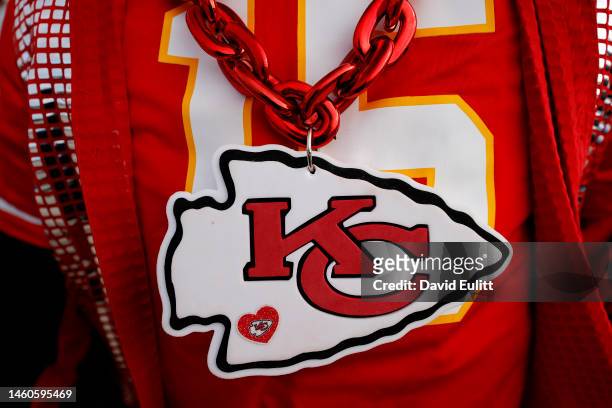 Detailed view of the Kansas City Chiefs logo on a fan prior to the AFC Championship Game against the Cincinnati Bengals at GEHA Field at Arrowhead...