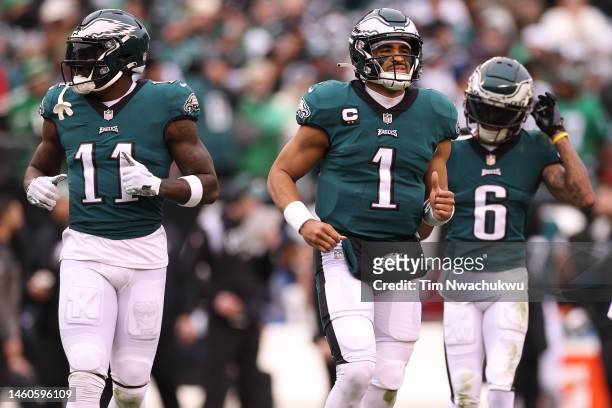 Jalen Hurts of the Philadelphia Eagles takes the field against the San Francisco 49ers during the first quarter in the NFC Championship Game at...