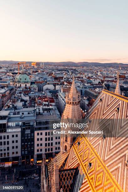 st. stephen’s cathderal towers and vienna skyline seen from above, austria - st stephens cathedral vienna stock pictures, royalty-free photos & images